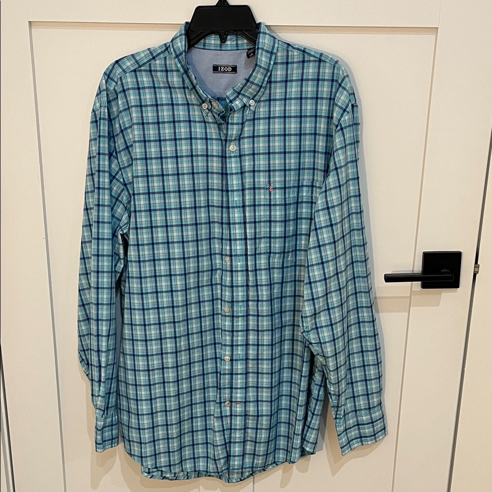 Izod Men's Teal,  Navy and Pink Plaid Button Down Shirt
